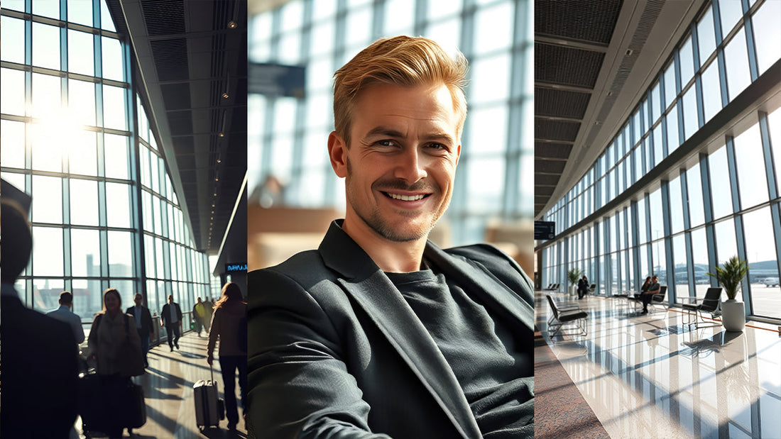 Sophisticated airport and business travel photography featuring modern terminals, professional travelers, and elegant settings