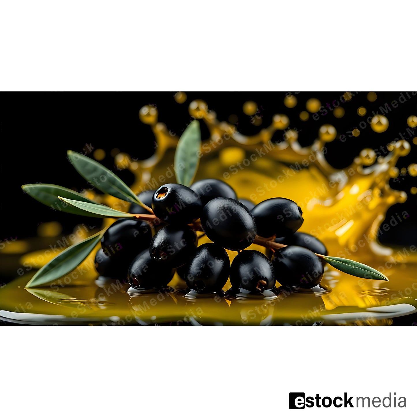 CGI render of black olives on branch splashing into golden olive oil, dark background, Cinema 4D food visualization