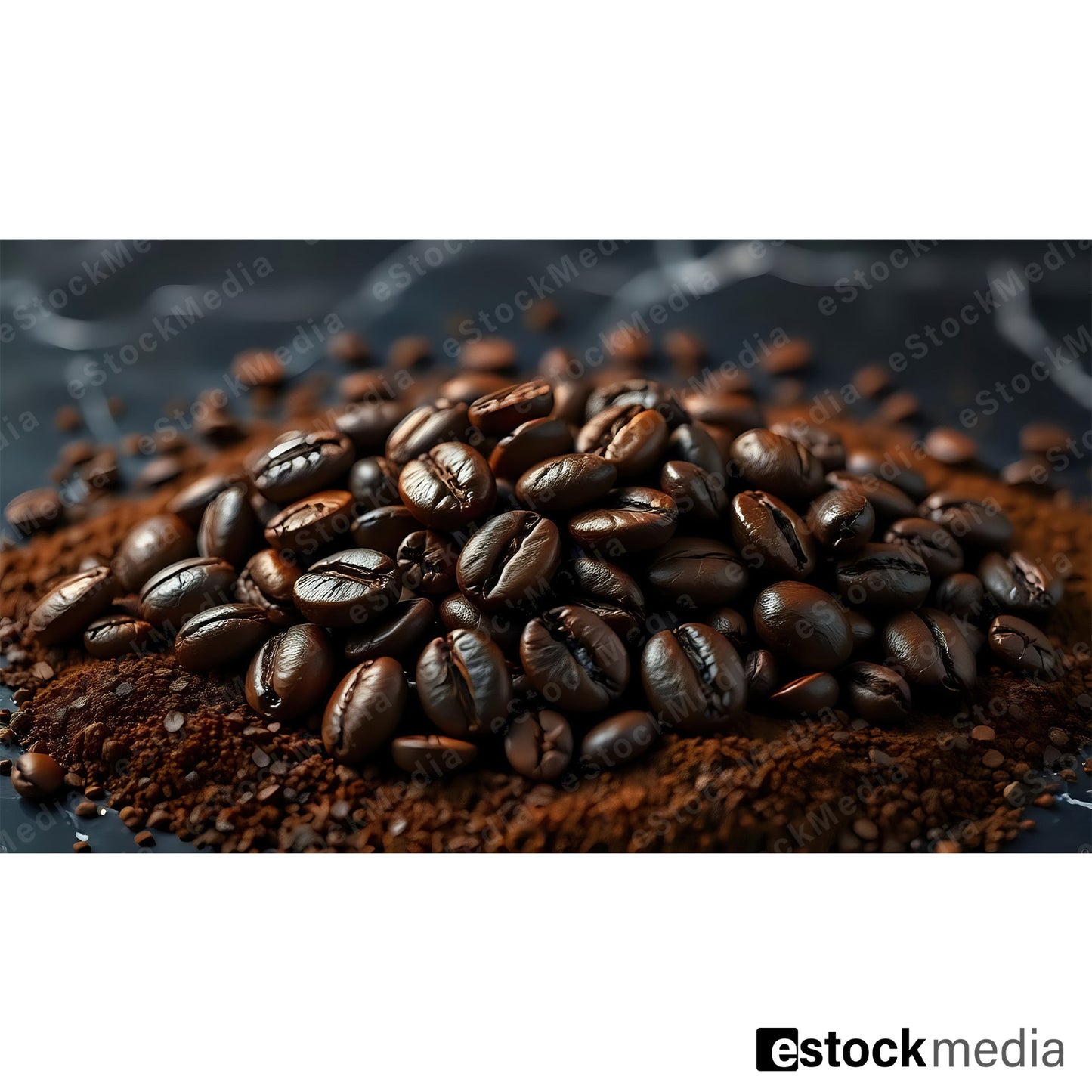 Pile of dark roasted coffee beans on ground coffee powder, dark slate background, close-up food visualization