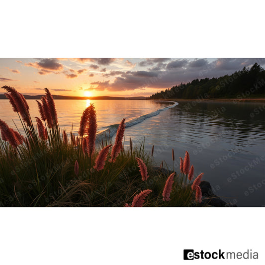 Red wildflowers on lakeshore at golden sunset with curved sandbar, dramatic clouds and forested hillside in background