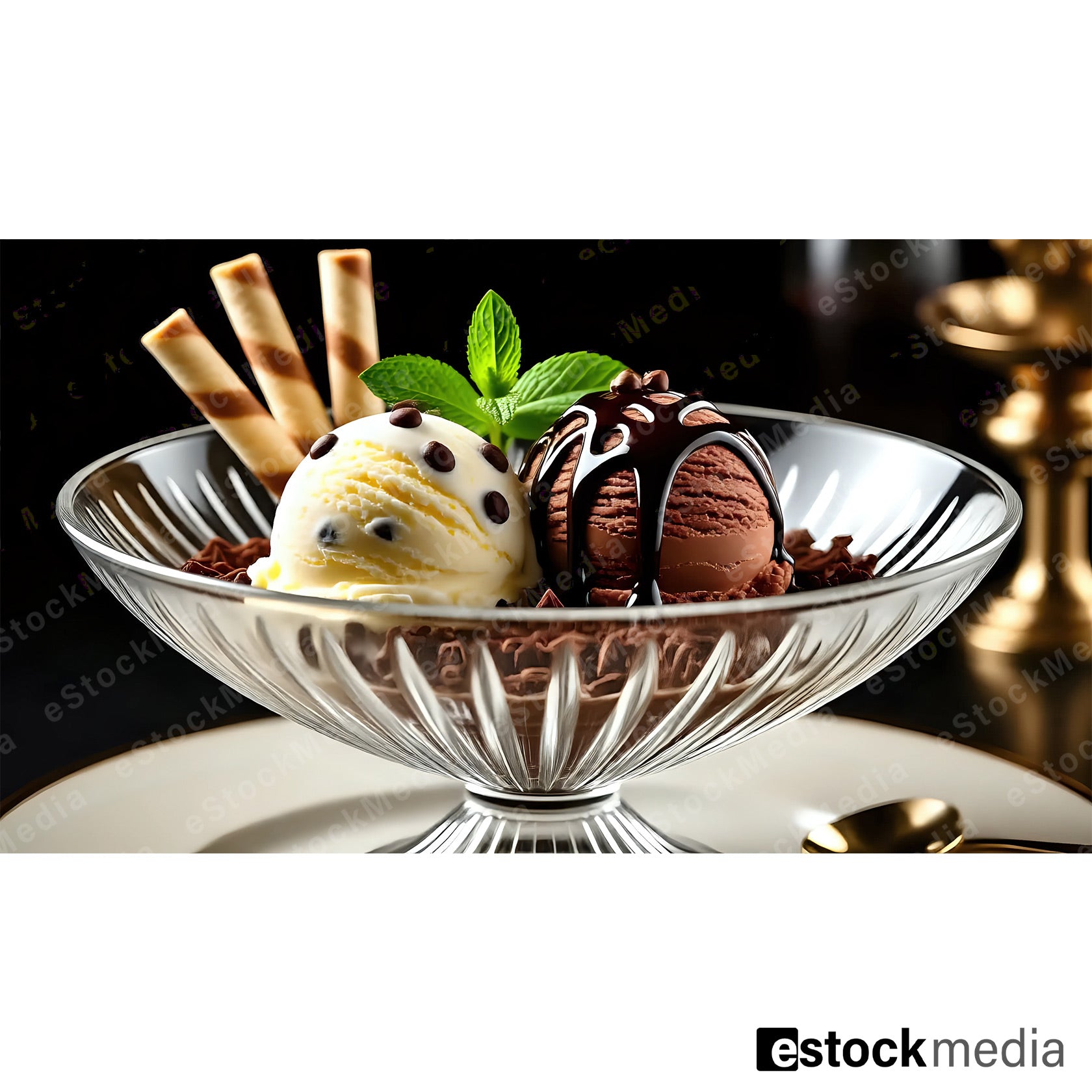 Vanilla and chocolate ice cream scoops with chocolate sauce, wafer rolls and mint leaves in crystal glass bowl, luxury dessert presentation