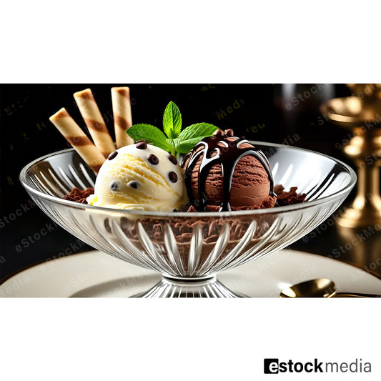 Vanilla and chocolate ice cream scoops with chocolate sauce, wafer rolls and mint leaves in crystal glass bowl, luxury dessert presentation