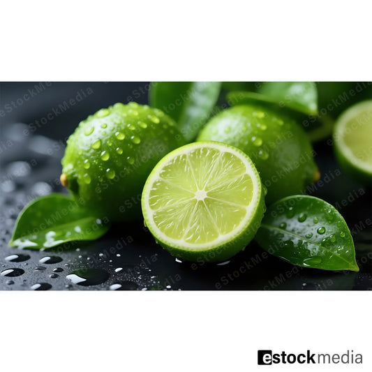 Fresh limes with water droplets and green leaves on dark wet surface, one halved lime showing juicy cross-section, food visualization