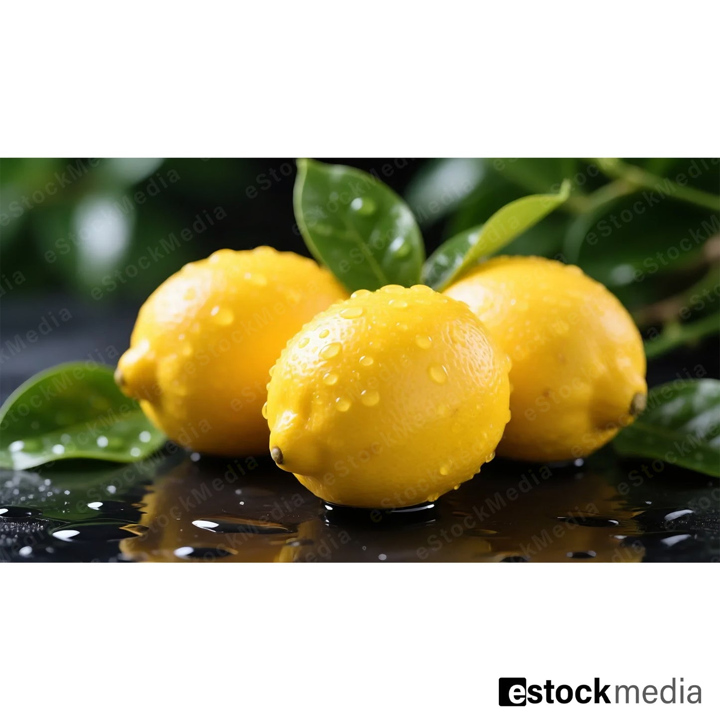 Three fresh lemons with water droplets on dark wet surface, surrounded by green leaves, macro food photography