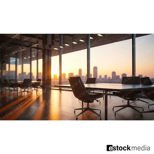 Empty boardroom with conference table and leather chairs, floor-to-ceiling windows overlooking city skyline at golden sunset