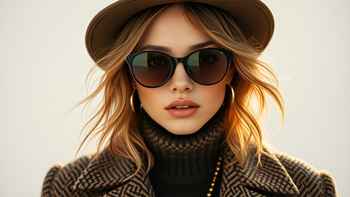 Stylish young woman with sunglasses, olive hat, tweed coat and gold hoop earrings, fashion portrait on light background