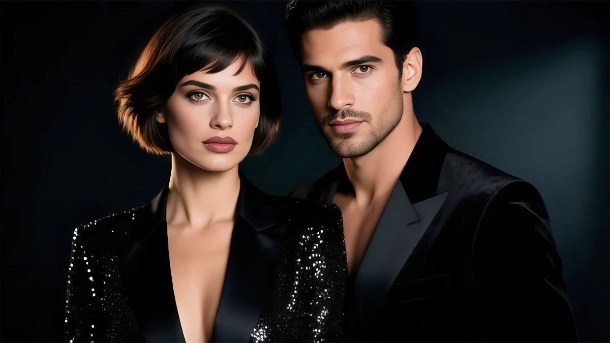 Elegant man and woman in black sequin blazers, dark studio background, fashion editorial portrait
