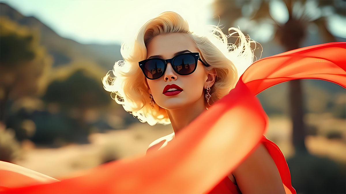 Blonde woman in red dress and sunglasses, dramatic red fabric flowing in wind, desert landscape background